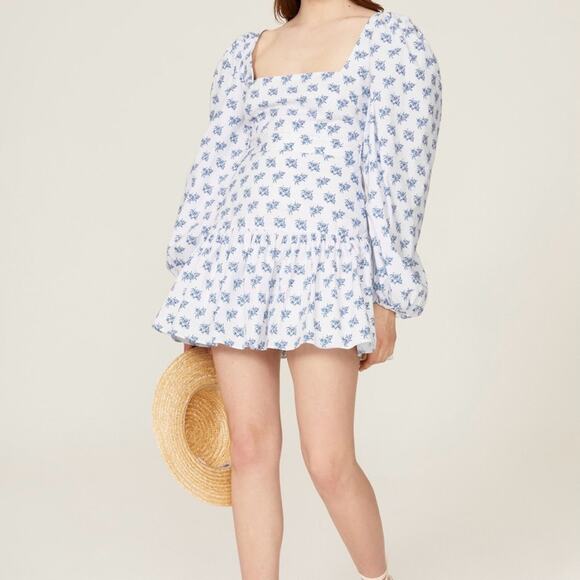 Caroline Constas Blue and White Julian Mini Dress Puffy Sleeves Women’s Size L - Picture 3 of 10